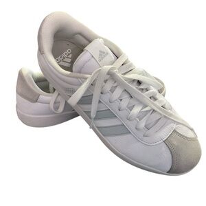adidas White Sneakers with Light Gray Stripes and Suede Accents